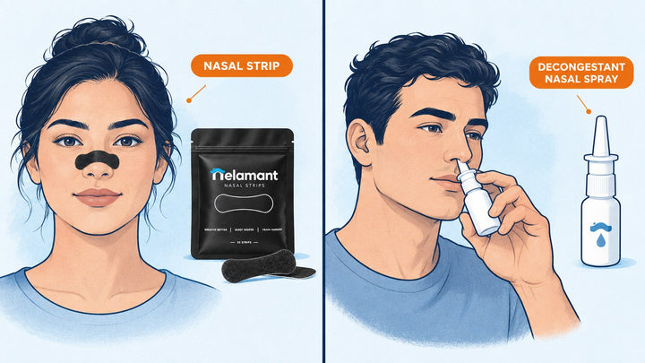 Nasal strip vs decongestant nasal spray side-by-side comparison