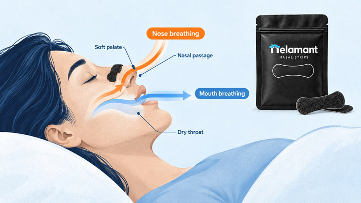 Diagram comparing nose breathing versus mouth breathing airflow paths during sleep