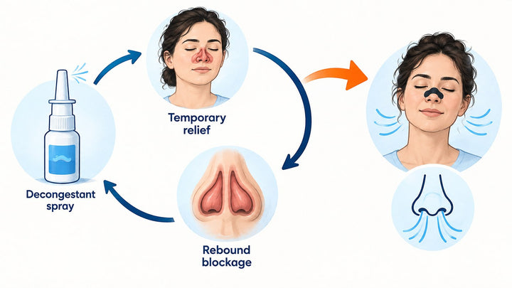 rebound congestion cycle diagram showing how decongestant spray use leads to rhinitis medicamentosa
