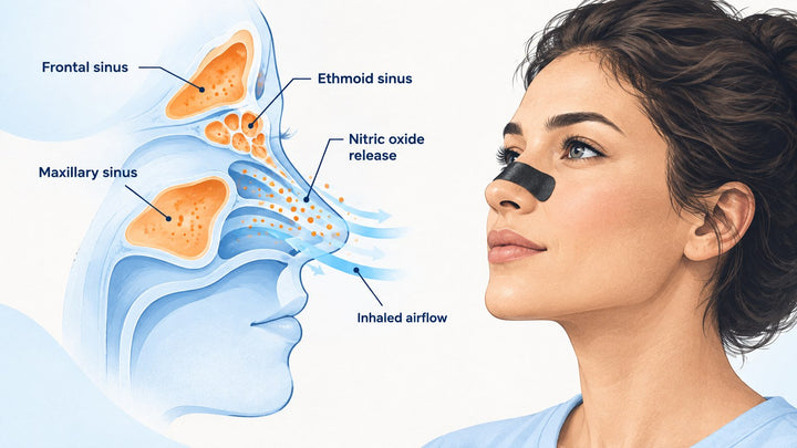 Diagram showing nitric oxide release from paranasal sinuses during nasal breathing