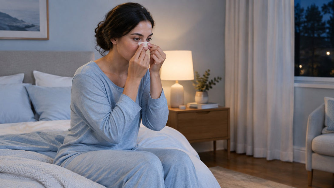 An adult applying a nasal strip before bed in a softly lit bedroom