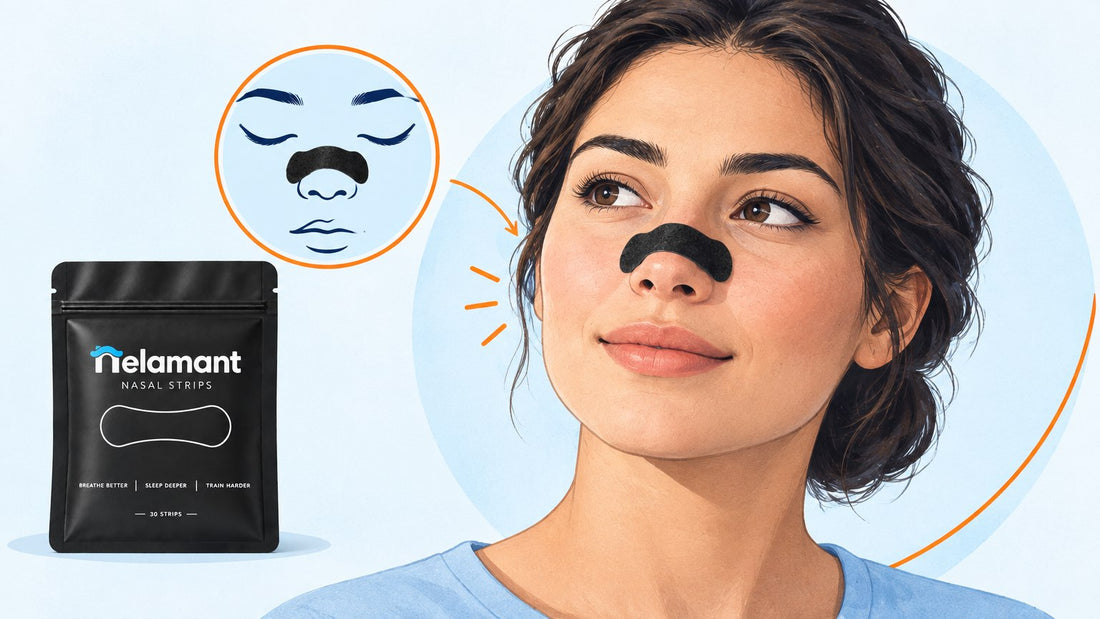 Nelamant Air nasal strip worn across the nose bridge showing broad, even lift