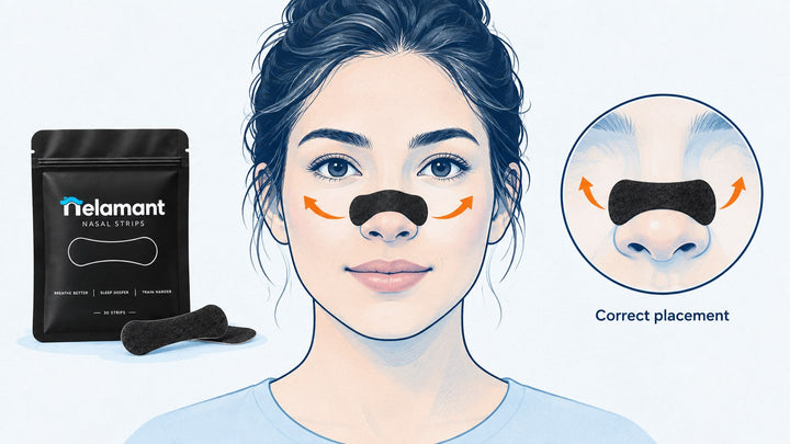 correct nasal strip placement on the lower bridge of the nose showing outward-lift direction