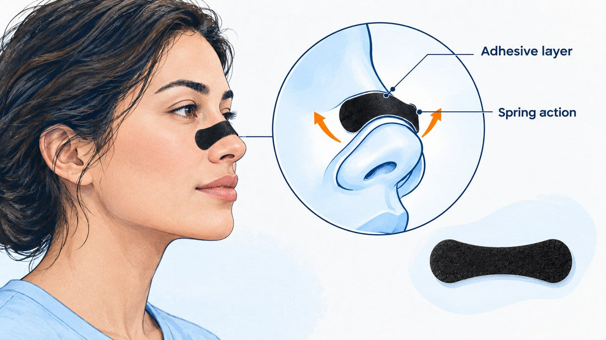 diagram showing how a nasal strip lifts the nasal passage