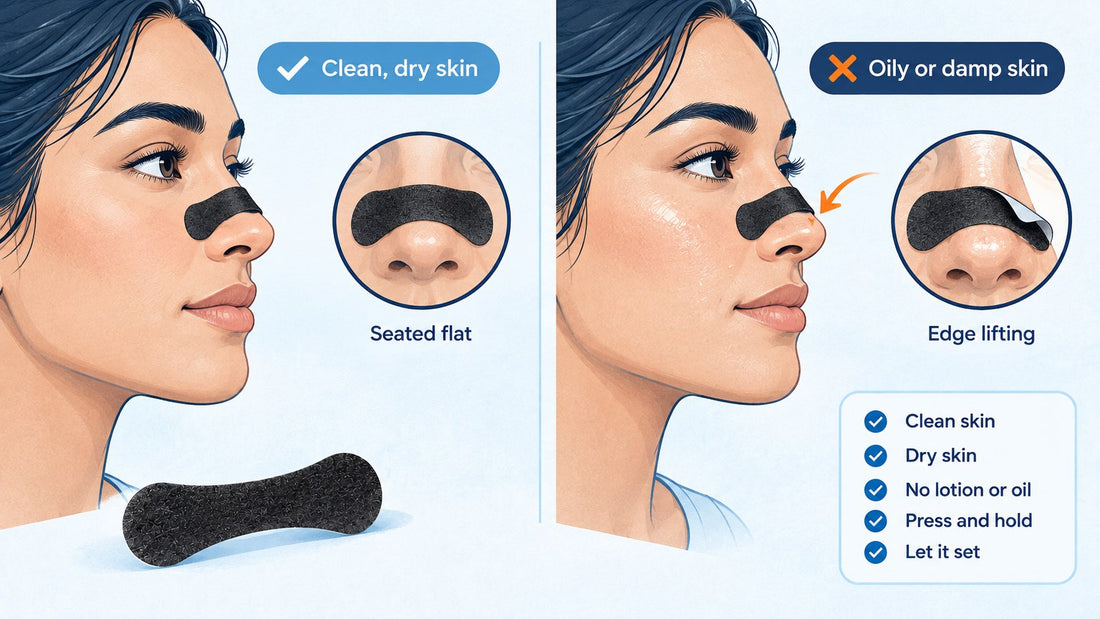 Nasal strips not sticking - correct vs incorrect skin prep comparison illustration