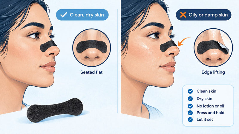 Nasal strips not sticking - correct vs incorrect skin prep comparison illustration