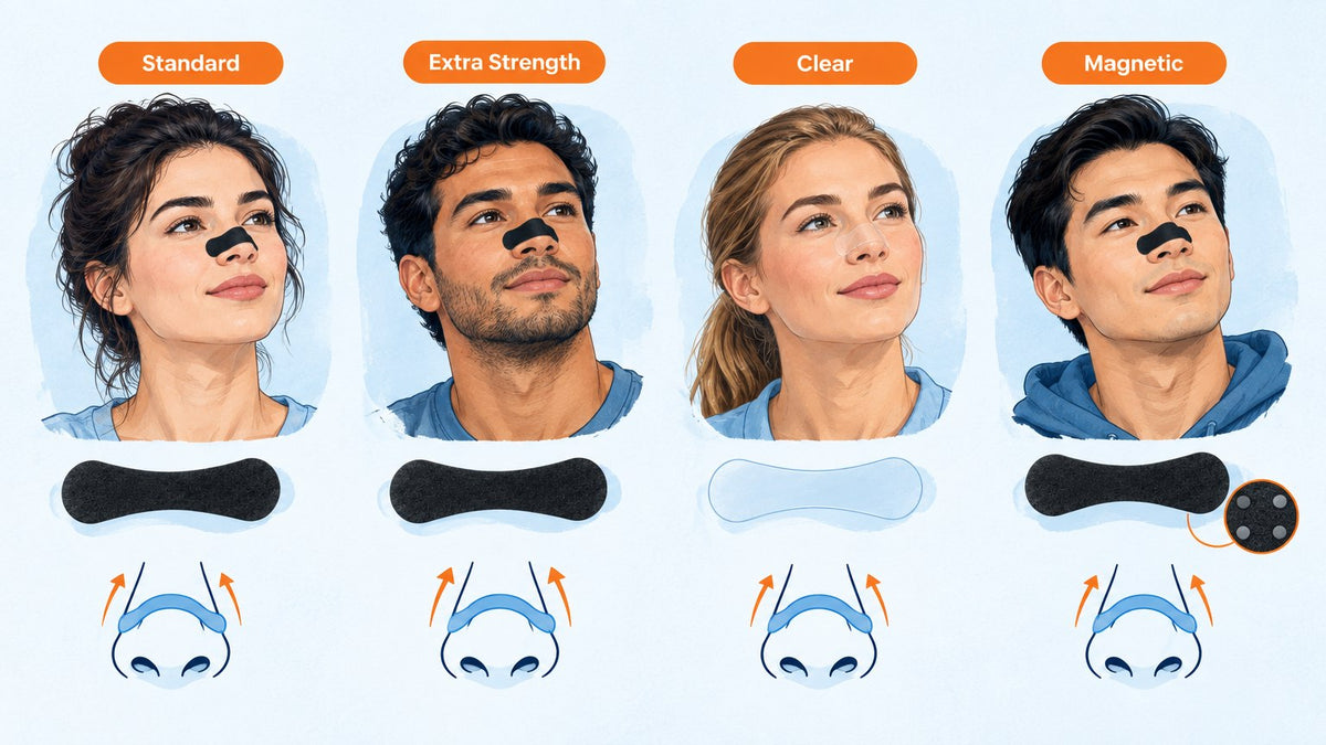 Four types of nasal strips compared: standard, extra strength, clear, and magnetic