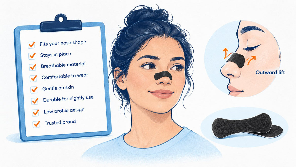 Checklist showing 8 criteria for choosing nasal strips