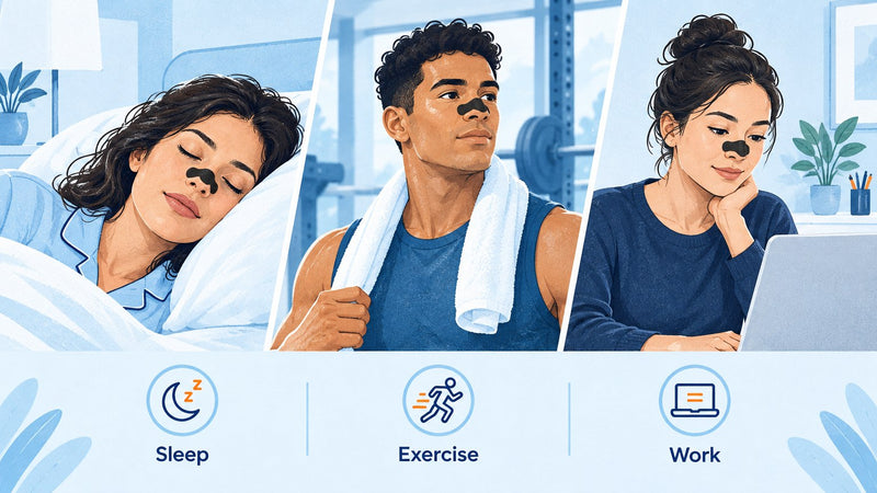When to use nasal strips: illustrated scenes showing sleep, exercise, and daytime use