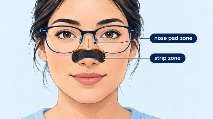 nasal strips with glasses showing how the strip sits below the nose pads