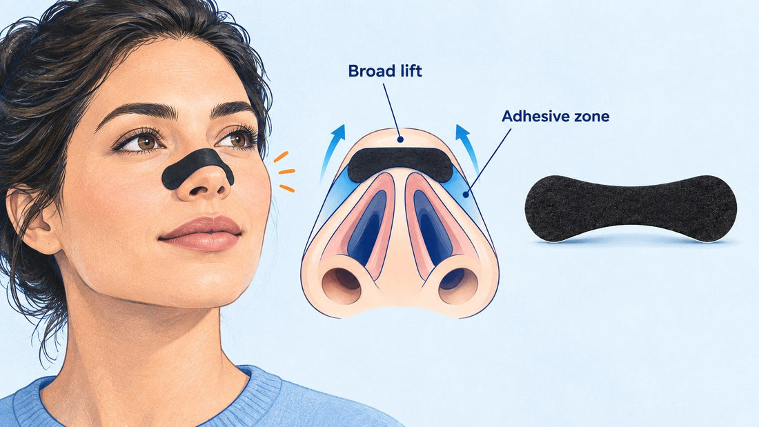 Best nasal strips for congestion shown on nose bridge with lift mechanism diagram