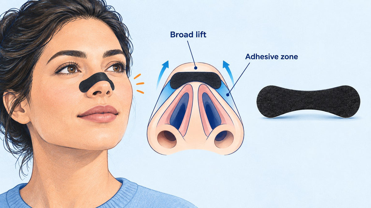 Best nasal strips for congestion shown on nose bridge with lift mechanism diagram
