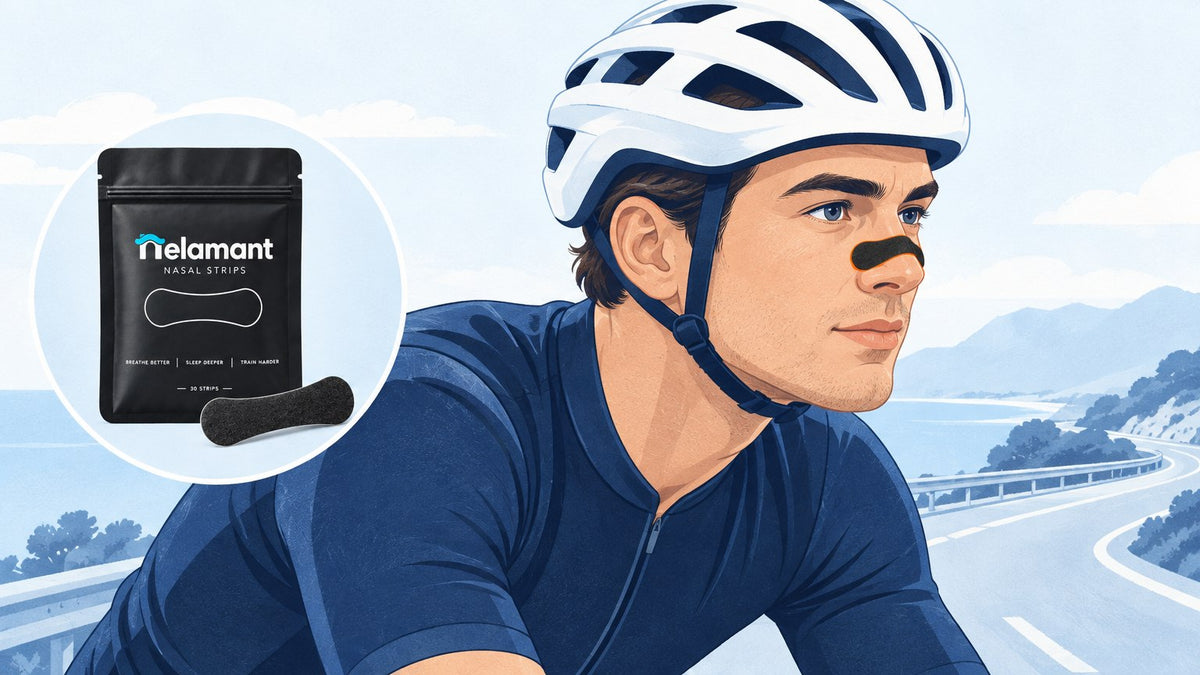 cyclist wearing a nasal strip for better nose breathing on the road