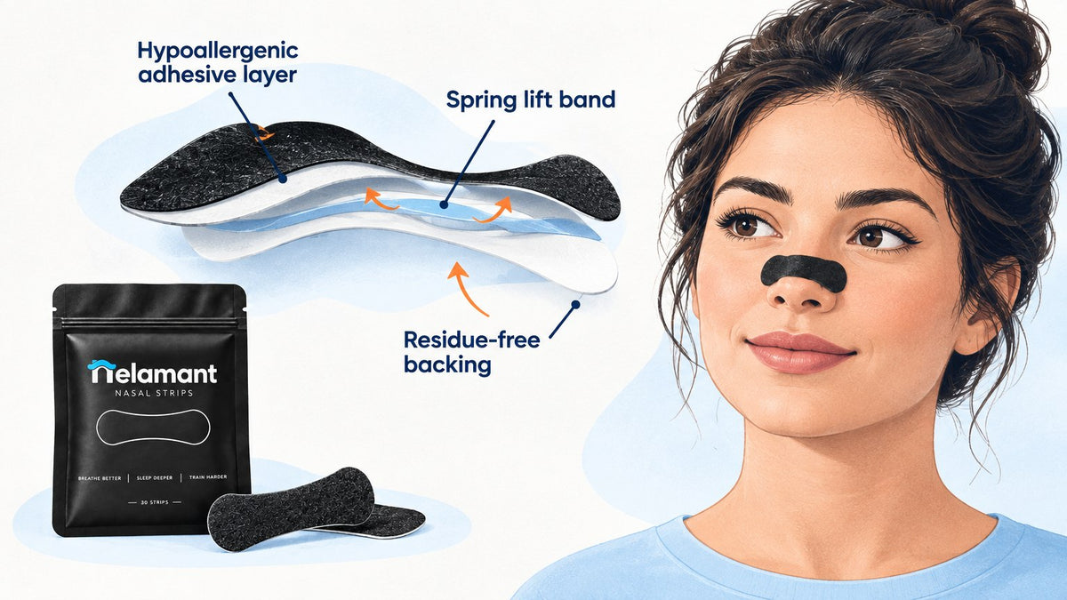 Nasal strip construction diagram showing materials and adhesive layers