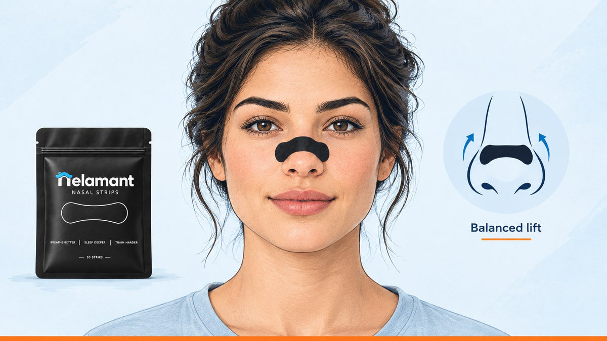 Nasal strip worn on nose bridge showing balanced lift across the nasal passage