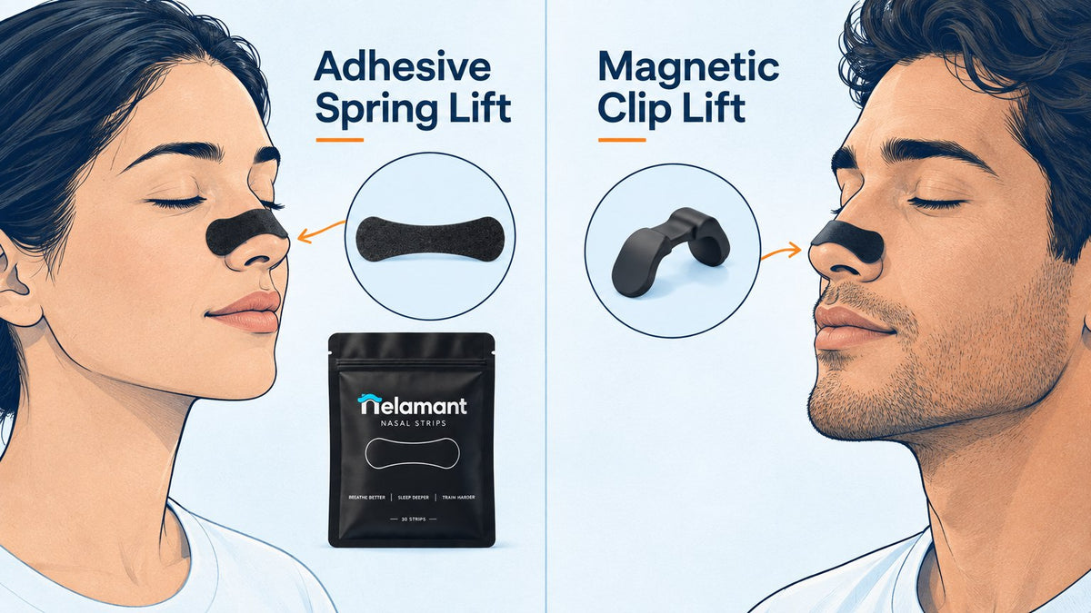 Nelamant Air adhesive nasal strip vs Intake Breathing magnetic dilator, side-by-side comparison