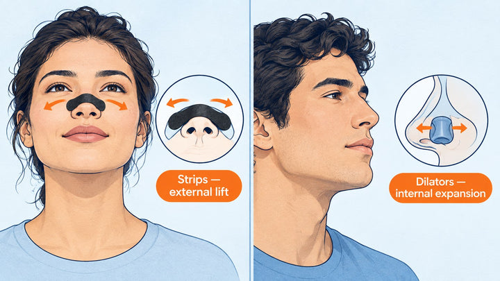 Side-by-side diagram showing how nasal strips and nasal dilators each open the nasal passage differently