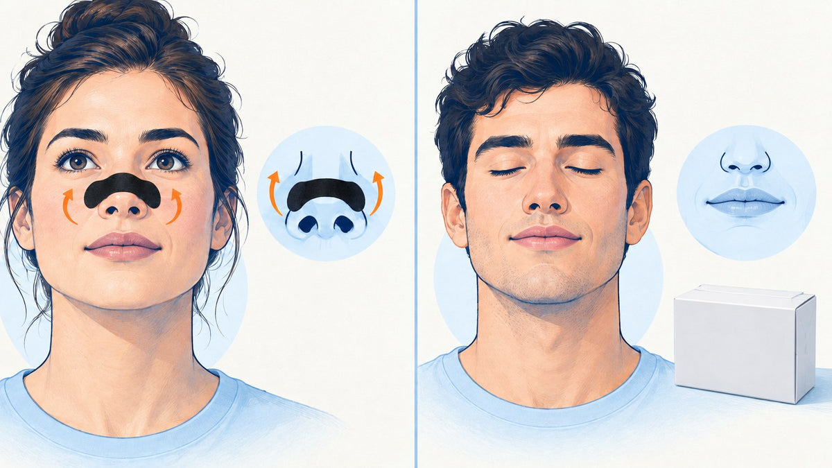 nasal strips vs mouth tape side-by-side mechanism diagram with Nelamant Air
