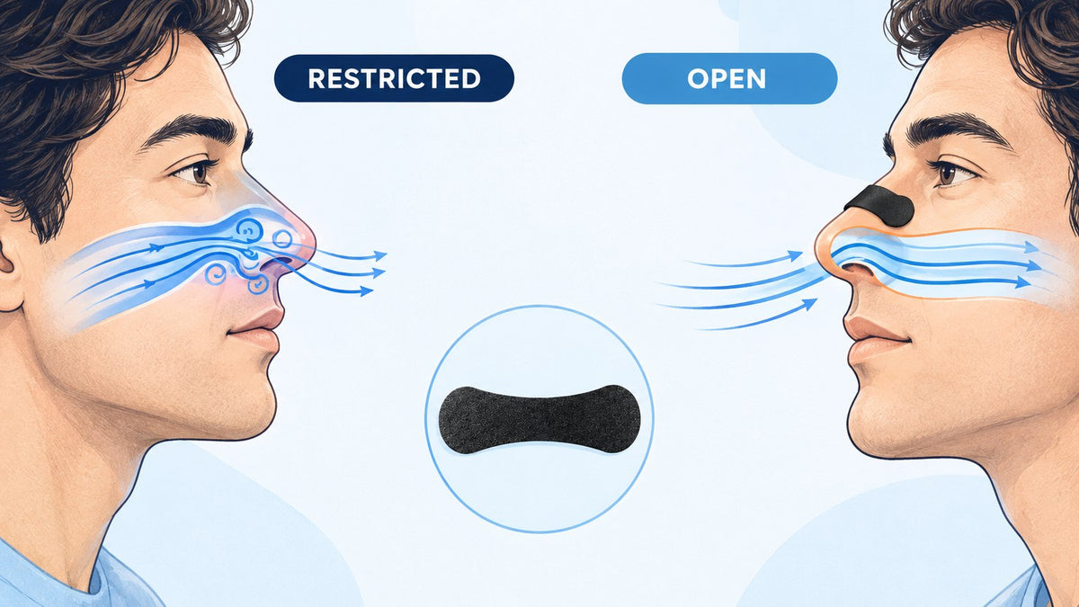 do nasal strips help snoring - illustration showing how a nasal strip opens restricted nasal airflow to reduce snoring