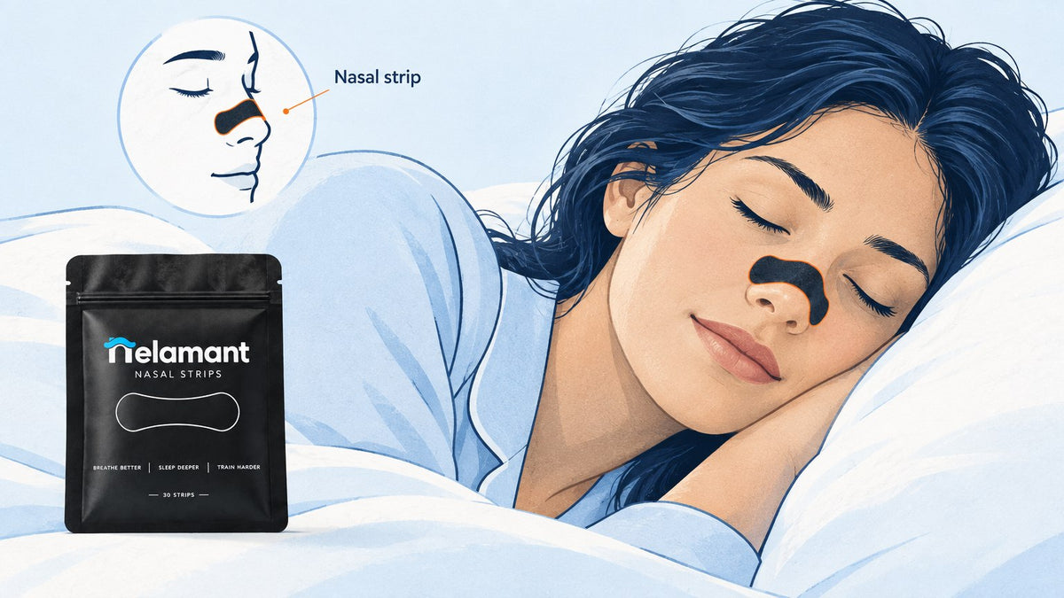 Person wearing Nelamant Air nasal strip to reduce nose snoring