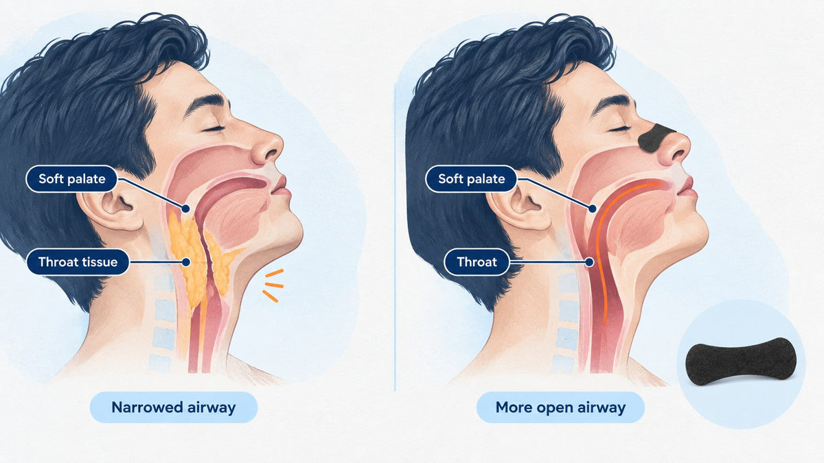 diagram showing how excess tissue around the throat narrows the airway and contributes to snoring