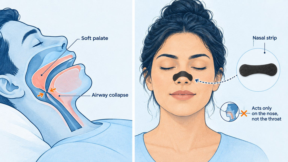 Diagram showing a nasal strip on the nose and a separate view of throat-level airway collapse, illustrating that the strip does not reach the site of obstructive sleep apnea
