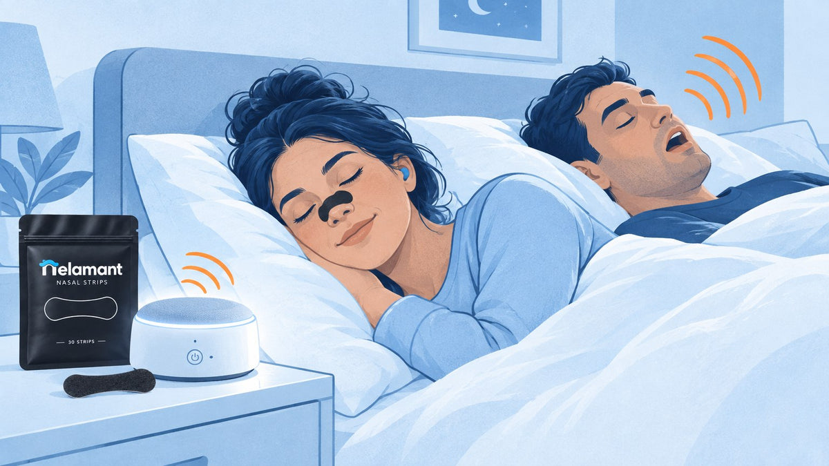 How to sleep next to someone who snores - bedroom scene with white-noise machine and earplugs