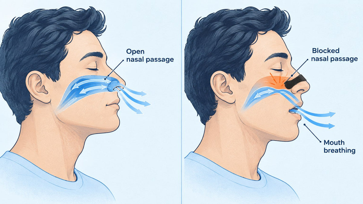 diagram showing open nasal airflow versus blocked nasal passage causing mouth breathing at night