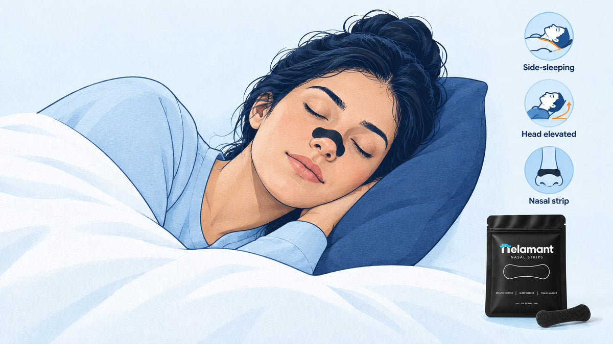 Best sleeping position for breathing: side-sleeping with head elevated and a nasal strip in place