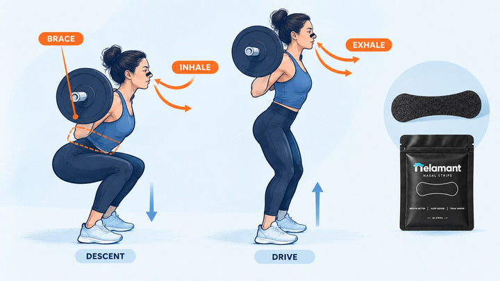 how to breathe while lifting weights - inhale and exhale phases shown on a squat diagram