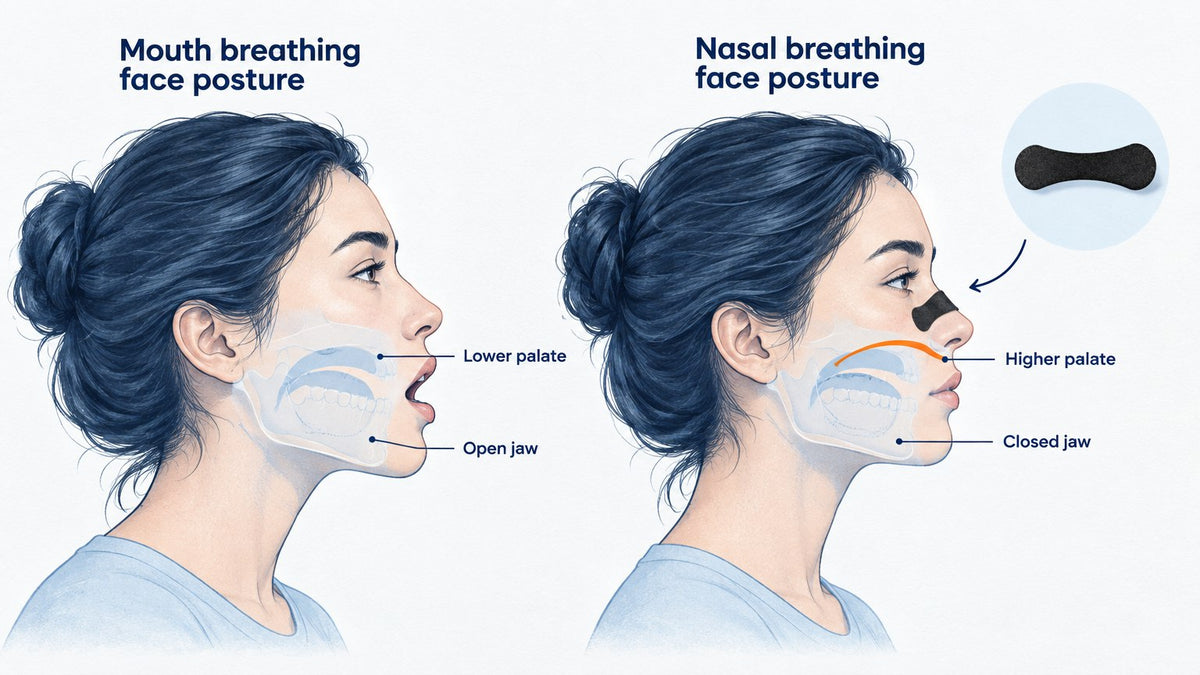 Diagram comparing mouth breathing face posture with nasal breathing face posture, showing jaw and palate differences