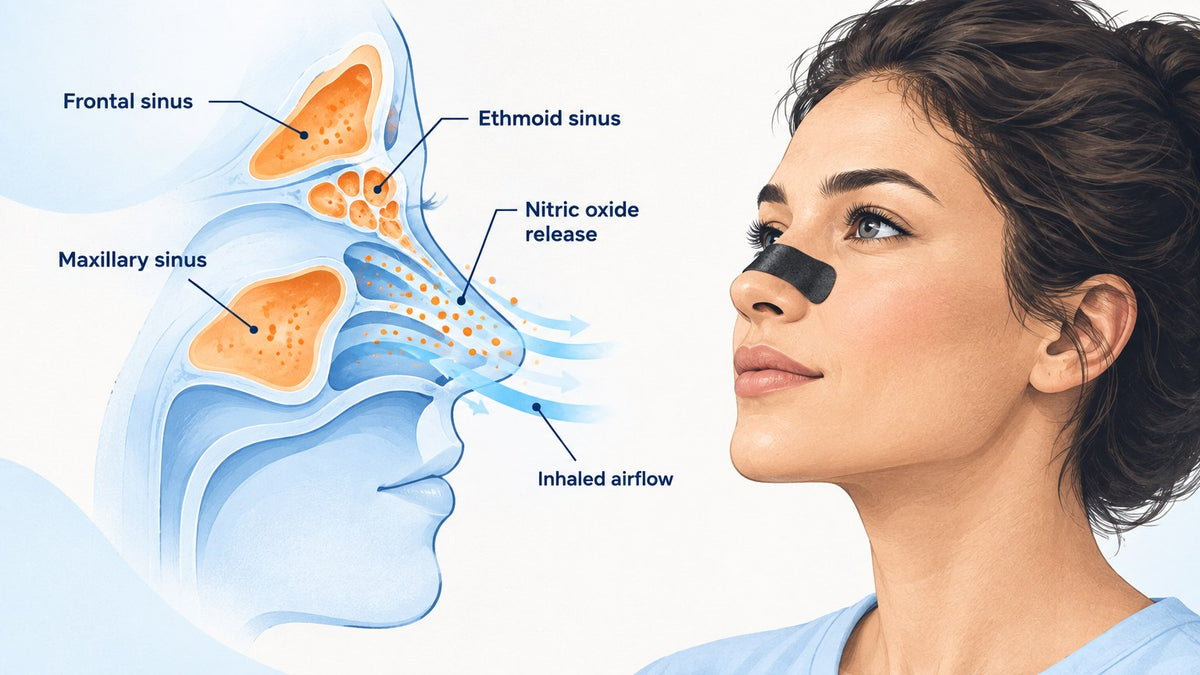 Diagram showing nitric oxide release from paranasal sinuses during nasal breathing