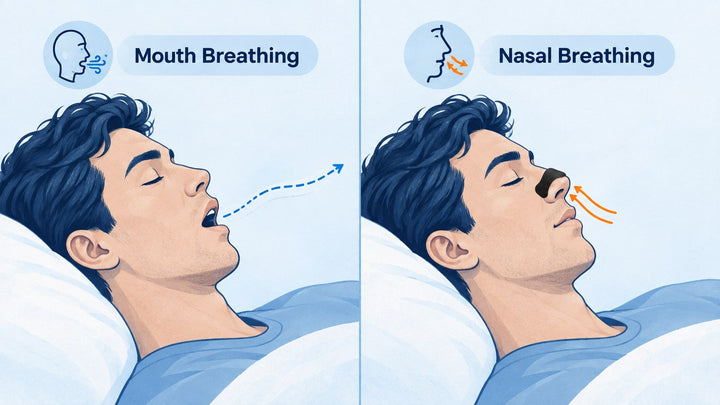 illustration comparing mouth breathing and nasal breathing in a sleeping child