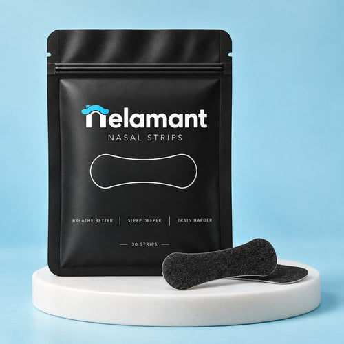 Nelamant Air nasal strips package with two black nasal strips on a white pedestal