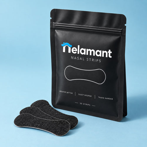 Angled Nelamant Air nasal strips package with black nasal strips displayed in front
