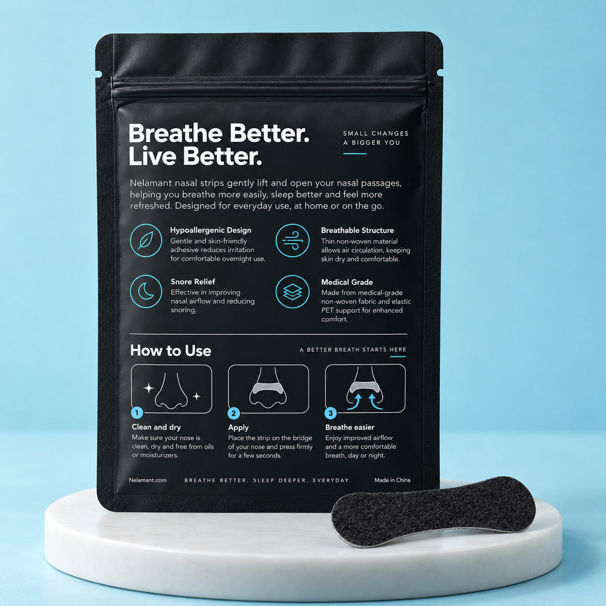 Back of the Nelamant Air nasal strips package showing features and application instructions