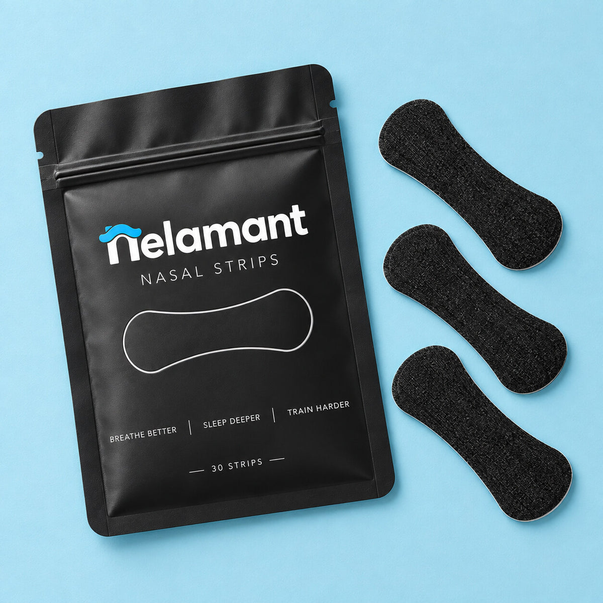 Nelamant Air package and three black nasal strips arranged on a blue background