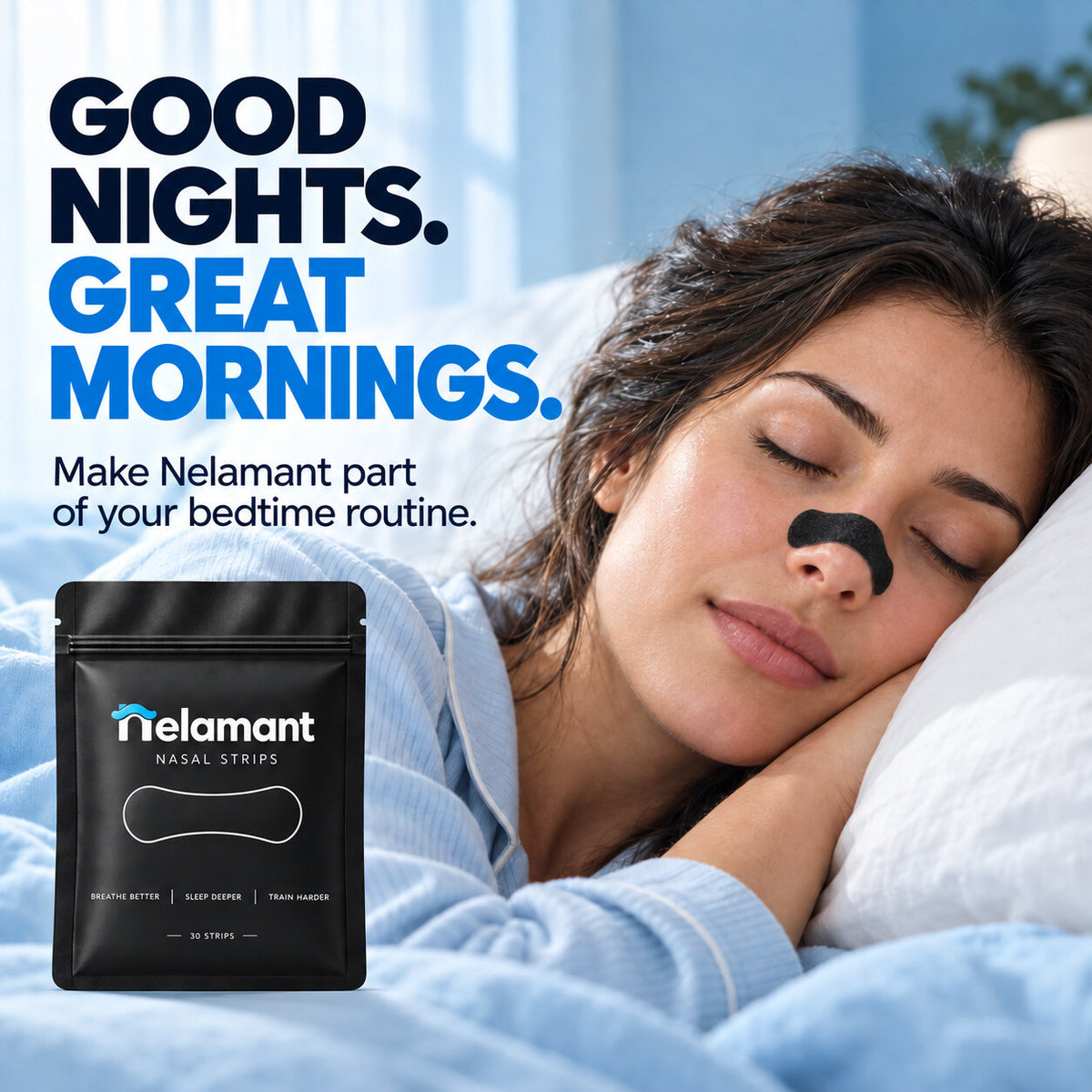 Woman sleeping while wearing a black Nelamant Air nasal strip