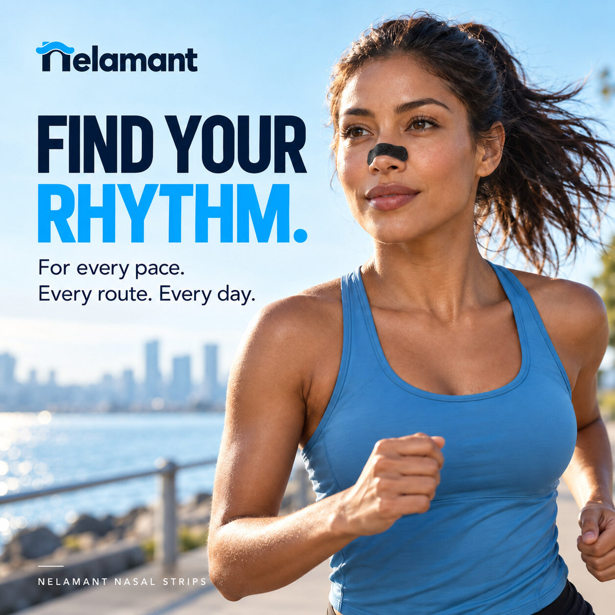 Woman running outdoors while wearing a black Nelamant Air nasal strip