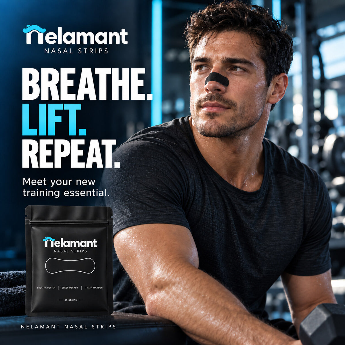 Man training in a gym while wearing a black Nelamant Air nasal strip
